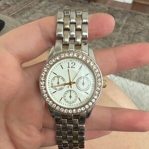 Crystal Bezel Silver-Tone Stainless Steel Watch